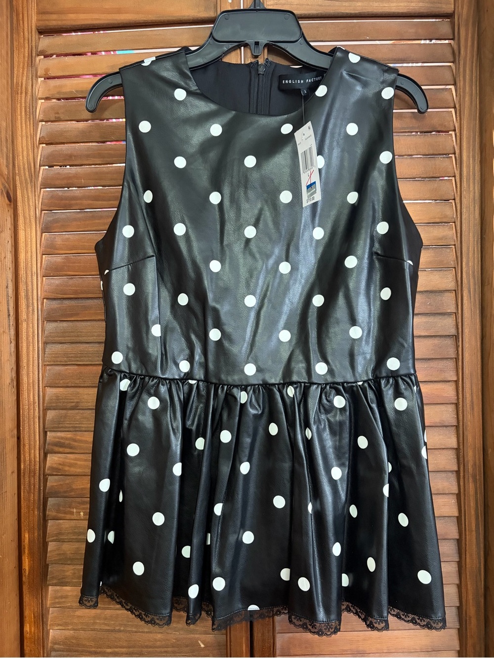 NWT English Factory Polka Dot Faux Leather Peplum Top - Large Womens